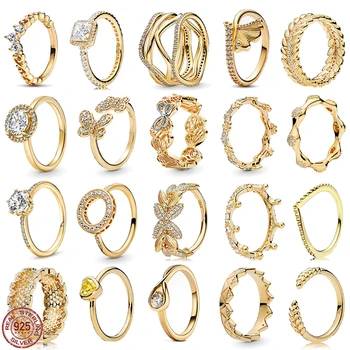 Новое кольцо серии Gold Color из стерлингового серебра 925 пробы с блестящими листьями Гинкго в форме сердечек и бабочек-сот для друзей