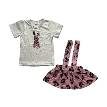 Новый Пасхальный Бутик-комплект для маленьких девочек, Футболка с принтом Кролика, Юбка с леопардовым принтом на ремешке, Комплект из 2 предметов, Молочная Шелковая одежда для младенцев