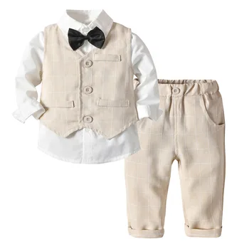 Одежда для маленьких мальчиков, детские свадебные костюмы для мальчиков, полосатый жилет + Белая рубашка + брюки, 3 шт., одежда для мальчиков-пажей, детская верхняя одежда
