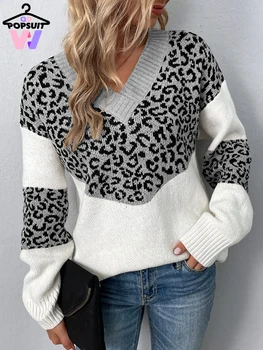 Осенне-зимние свитера, пуловеры, Новые модные повседневные вязаные топы с ярким леопардовым принтом и V-образным вырезом, уличная одежда, теплый свитер