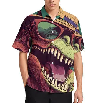 Повседневная рубашка с динозавром, Смеющиеся солнцезащитные очки, Пляжная свободная рубашка, Гавайская уличная одежда, блузки с коротким рукавом, одежда Оверсайз
