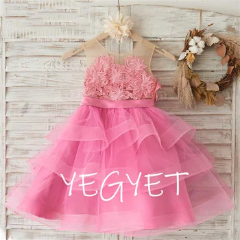 Пышное Розовое платье с цветочным узором для причастия, слои тюля для девочек, платье для девочек с цветочным узором, платья для маленьких невест с открытой спиной, бальное платье