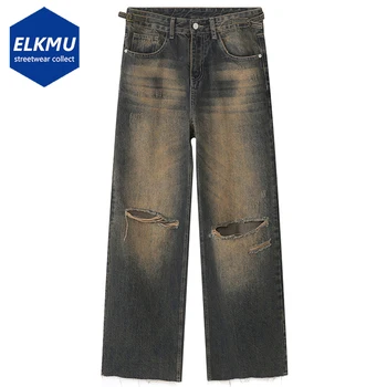 Рваные винтажные джинсы для мужчин Уличная одежда в стиле хип-хоп, мешковатые джинсовые брюки Harajuku, свободные синие джинсы