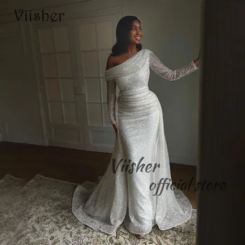 Свадебные платья Viisher White Mermaid для невесты с открытыми плечами, жемчуг, бусины, разрез спереди, Облегающее Длинное свадебное платье длиной до пола