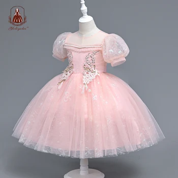 Свадебные платья Yoliyolei 2023, платья для девочек-цветочниц для малышей, летние платья с пышными рукавами и жемчугом для дня рождения с аппликациями