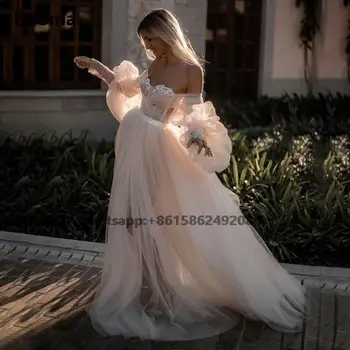 Свадебные платья Принцессы с длинными пышными рукавами, плиссированные пляжные платья из тюля, пышные платья невесты трапециевидной формы