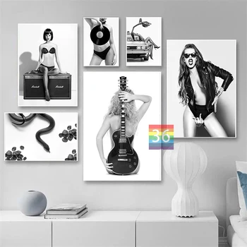 Сексуальная женщина Черно-белый модный плакат Печать на холсте Минималистичный Обнаженный Сексуальный Настенный арт-декор Музыка Модный Эстетический декор стен