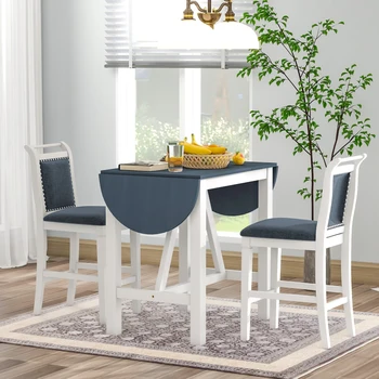 Современный обеденный стол из 3 предметов с откидными створками и 2 обеденными стульями с мягкой обивкой, подходит для небольшого помещения, белый