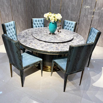 Сочетание итальянского светлого роскошного мраморного обеденного стола и стула, высококлассный дизайн, круглый узор из змеиной кожи, ресторанная мебель