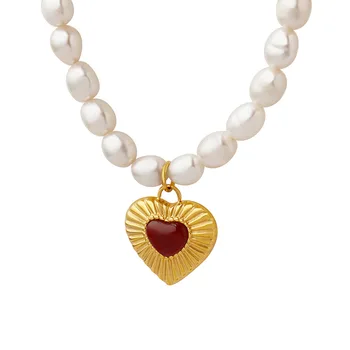 Трендовое жемчужное ожерелье 2023 года, подвеска в форме сердца для женщин, красный агат, роскошные ювелирные изделия, подарок девушке, цепочка из бисера, Бесплатная доставка