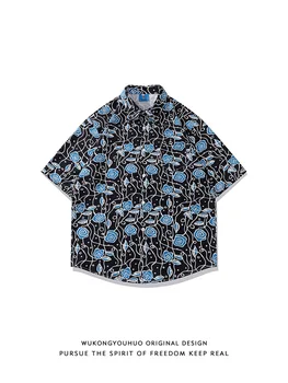 Уличная ретро-полная версия рубашки с короткими рукавами с цифровой печатью, мужская модная брендовая свободная рубашка с цветочным рисунком для отдыха