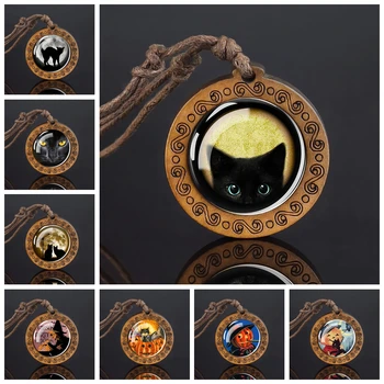 Хэллоуин Черный Кот Готический Деревянный кулон Ожерелье Хэллоуин Ведьма Ювелирные изделия